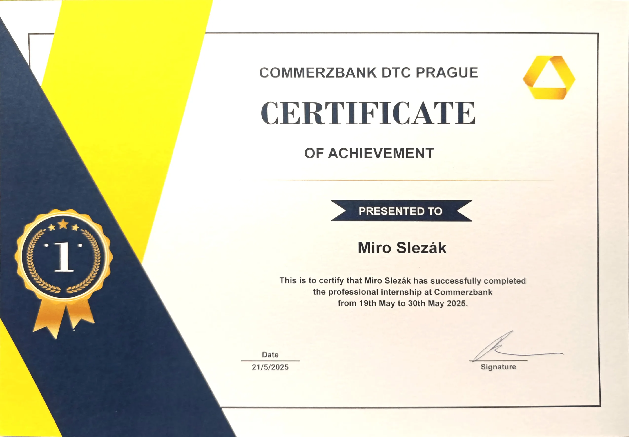 Commerzbank DTC Prague certificate of achievement for Miro Slezák